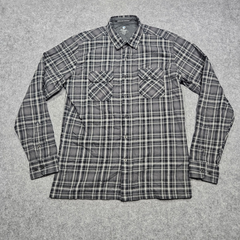 KUHL Mens Disorder Flannel Shirt Size Large Black Gray Plaid Outdoor Long Sleeve